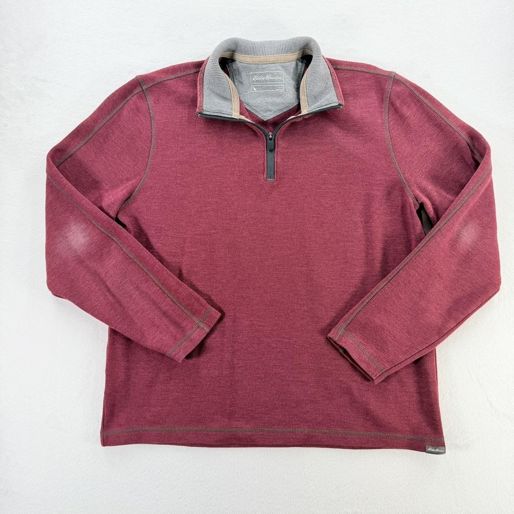 Eddie Bauer Sweater Mens Large Red 1/4 Zip Mock Neck Pullover Knit Casual